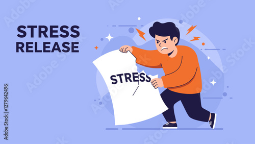 Stress release conceptual cartoon banner with angry man breaking paper