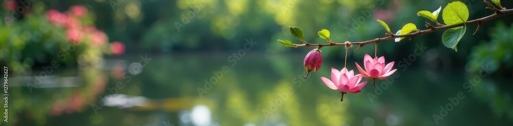 Soft pink flowers dangle from a thin wire suspended above a peaceful pond, nature, reflection, serenity Soft pink flowers dangle from a thin wire suspended above a peaceful pond, nature, reflection, serenity