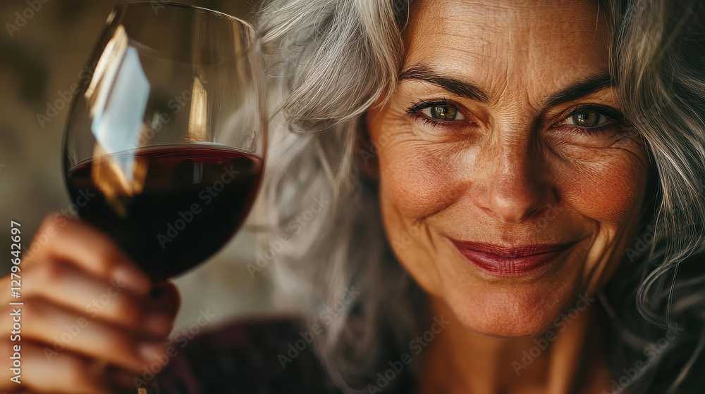 A rugged middle-aged woman with striking silver hair, raising a glass of deep red wine with a joyful grin, her face full of life and character A rugged middle-aged woman with striking silver hair, raising a glass of deep red wine with a joyful grin, her face full of life and character