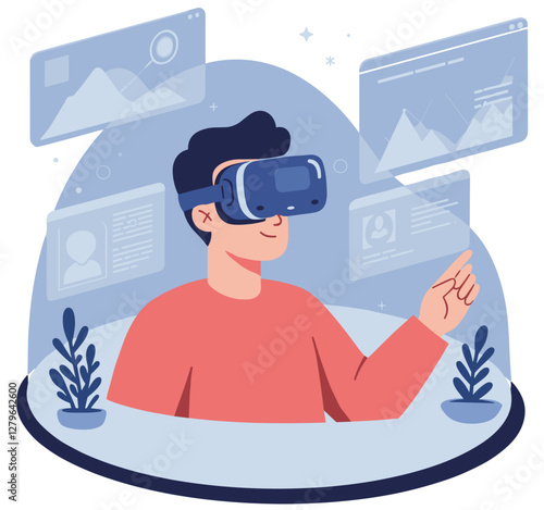 Man using virtual reality glasses. Colorful flat design illustration
