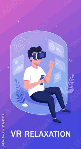 VR relaxation concept with man using virtual reality glasses. Colorful flat design illustration