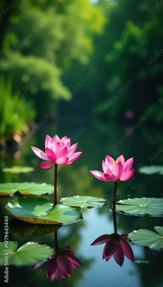 Water lily pond with pink lotus and surrounding foliage, lily, flowers, landscape Water lily pond with pink lotus and surrounding foliage, lily, flowers, landscape