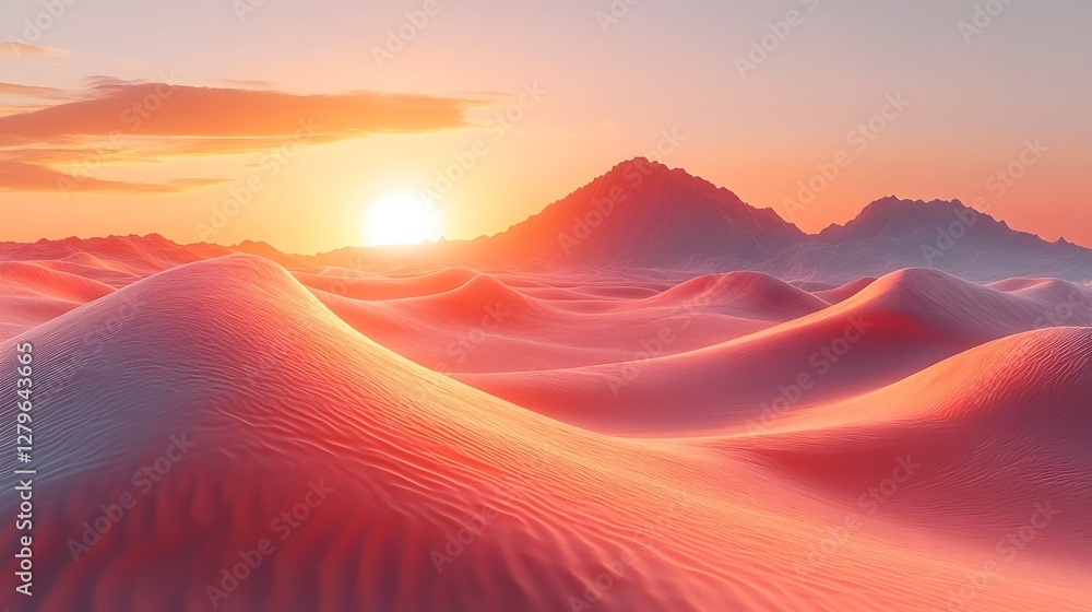 Serene Desert Landscape with Pastel Dunes Illuminated by Warm Sunset Glow Serene Desert Landscape with Pastel Dunes Illuminated by Warm Sunset Glow