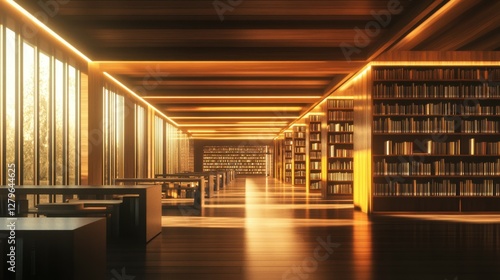 Wallpaper Mural A modern library interior featuring rows of books, sleek design, and warm lighting. Torontodigital.ca