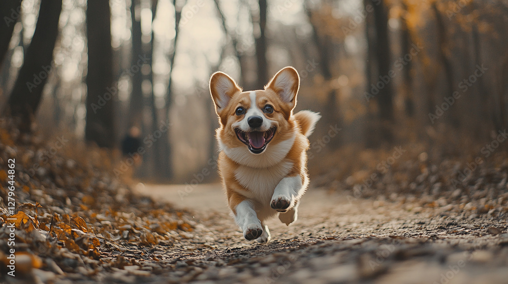 A cute happy corgi dog running on a road. A cute happy corgi dog running on a road.