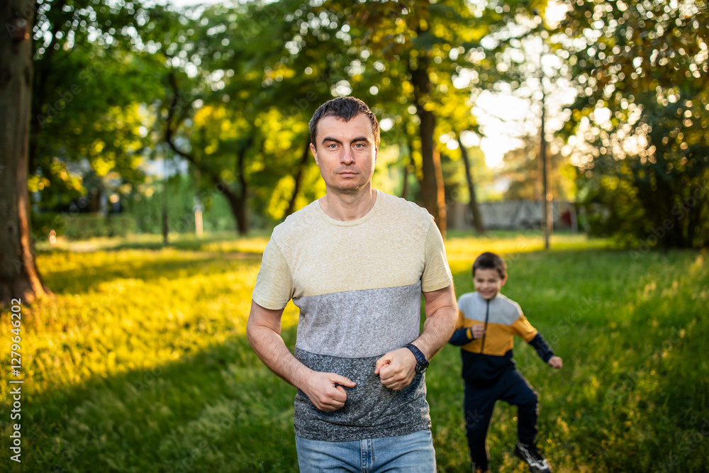 Father and son running in park in summer