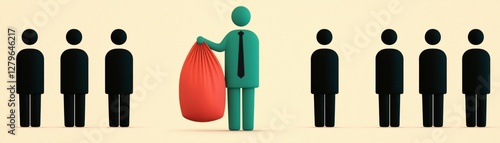 Financial Monopoly: Dominant Figure Holding Money Bag with Empty-Handed Others - Icon Style Illustration photo