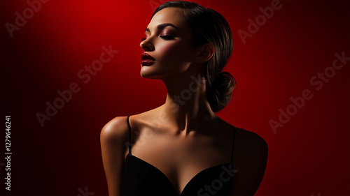 Wallpaper Mural 深紅の背景に佇むエレガントな女性のポートレート Torontodigital.ca