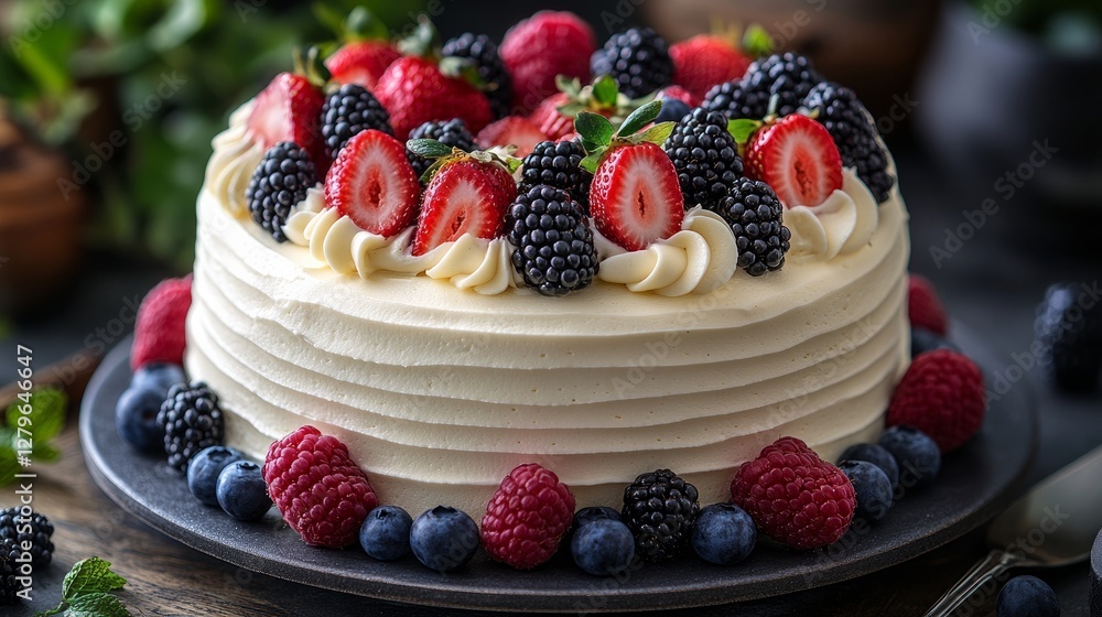 A cake in the shape of an eight, with white cream frosting with blackberries, blueberries, and strawberries on top. A lovely March Women's Day present A cake in the shape of an eight, with white cream frosting with blackberries, blueberries, and strawberries on top. A lovely March Women's Day present