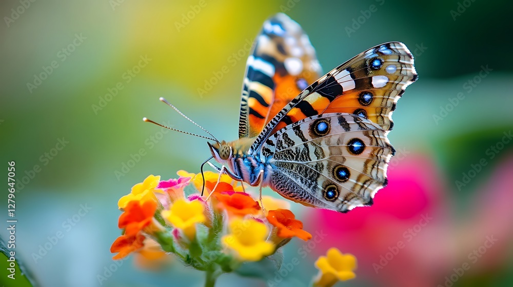 Obraz premium Butterfly Resting on Colorful Flowers with Detailed Wing Patterns Close-up