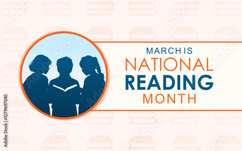 March is National Reading Month background with book and silhouette of 3 students reading books vector design template. Holiday concept. use for background, banner, placard, card, and poster design