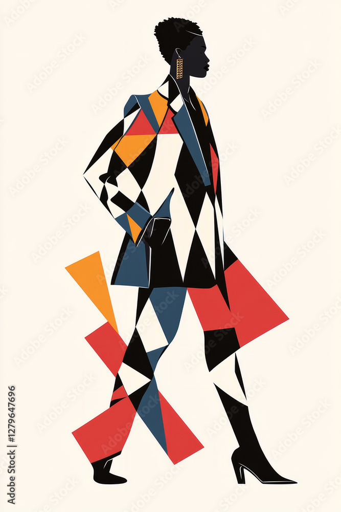 A chic and modern illustration of a person wearing a harlequin motif jacket, their silhouette defined by bold, geometric shapes and clean lines. A chic and modern illustration of a person wearing a harlequin motif jacket, their silhouette defined by bold, geometric shapes and clean lines.