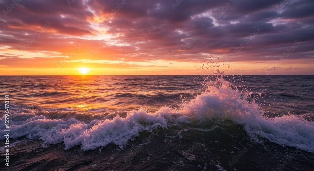 Naklejka premium Dramatic Seascape: The sun dips below the horizon, painting the sky with fiery hues as ocean waves crash in a beautiful sunset. Capturing the power and beauty of the ocean.