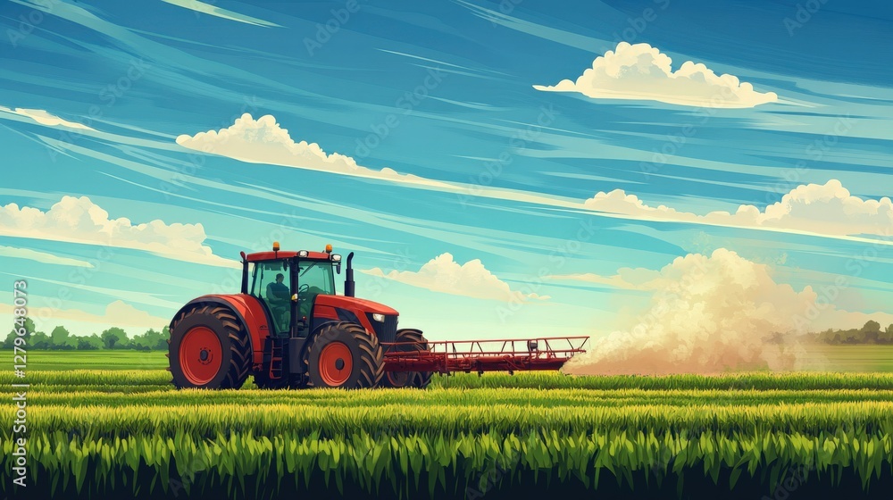 Vibrant tractor plowing a lush green field under a bright blue sky with clouds Vibrant tractor plowing a lush green field under a bright blue sky with clouds