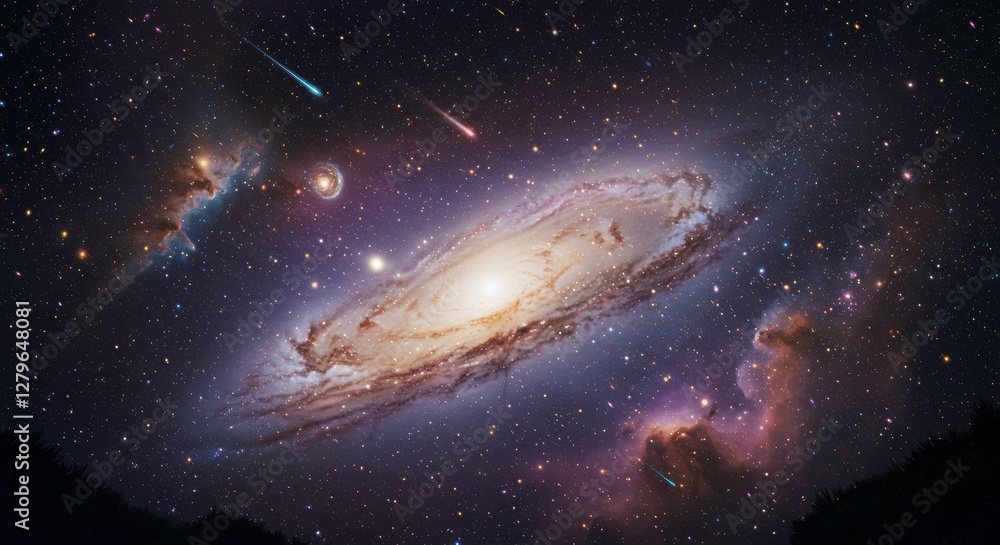 Fototapeta premium Cosmic Dance: A breathtaking view of the galaxy with swirling celestial bodies and shooting stars against the endless starry backdrop, evoking a sense of wonder.