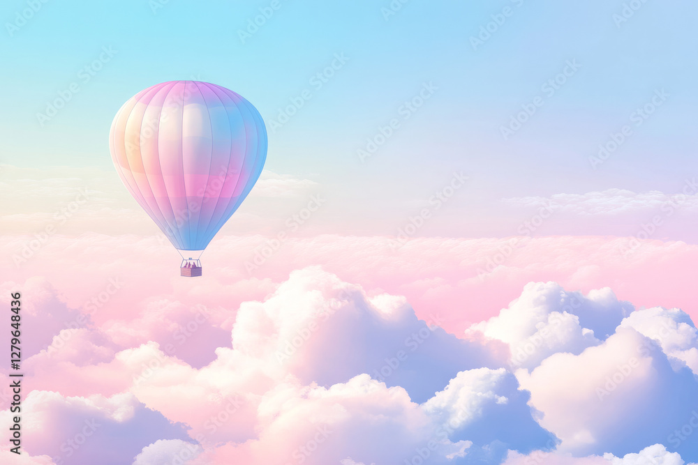 Obraz premium A dreamlike illustration of a hot air balloon floating over a sea of clouds, bathed in soft pastel hues.
