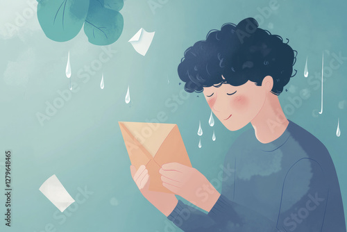 A heartwarming illustration of a person receiving a letter filled with positive words, bringing tears of happiness.