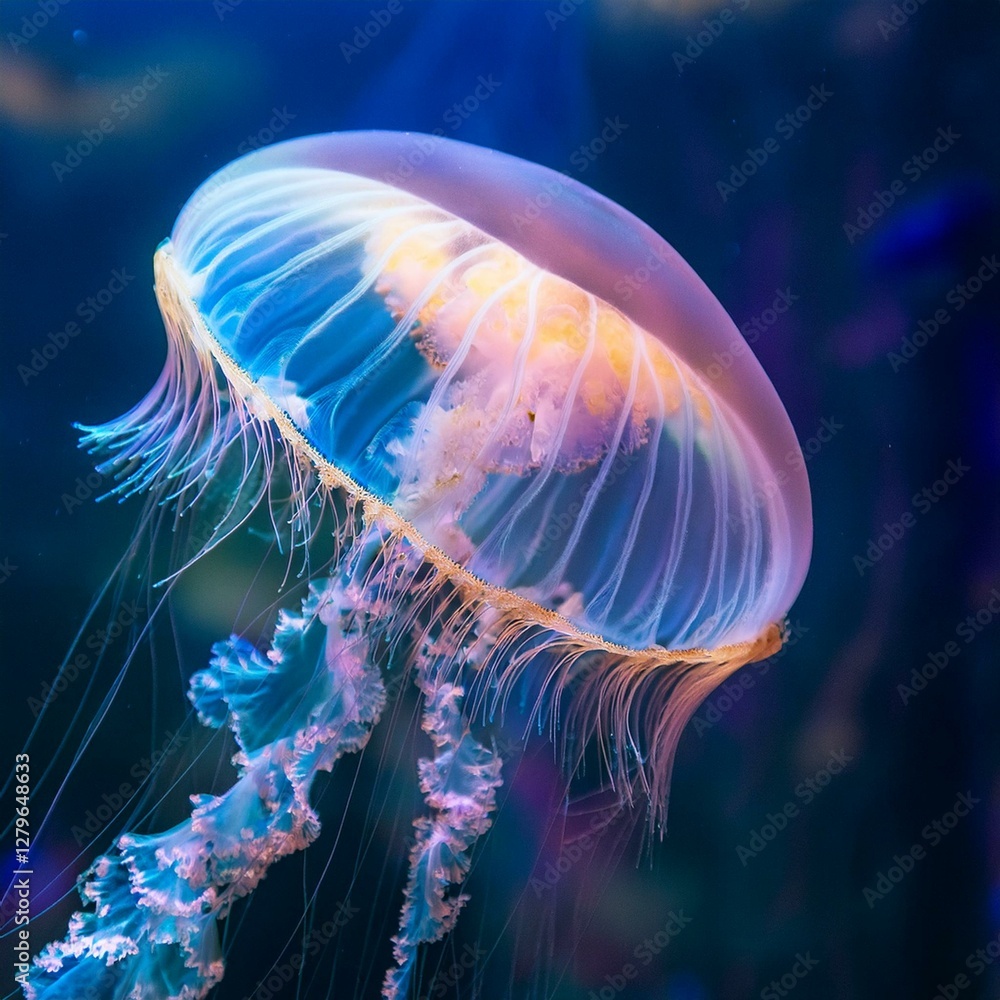 Fototapeta premium Ethereal jellyfish drifting through the deep sea, illuminated by bioluminescence.