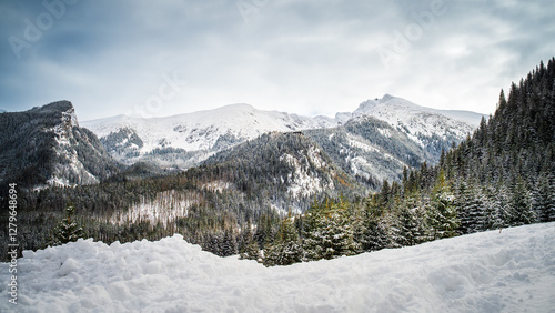 Fototapeta Naklejka Na Ścianę i Meble -  Tatra Mountains, Poland. View of Giewont. Panorama of a mountain landscape. Winter in the mountains