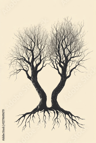 A symbolic illustration of two trees standing side by side, their branches intertwined, representing balance, support, and growth in relationships.