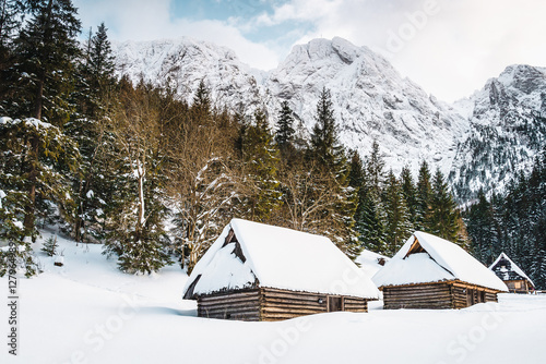Tatra Mountains, Poland. View of Giewont from Polana Strążyska. Panorama of a mountain landscape. Winter in the mountains
