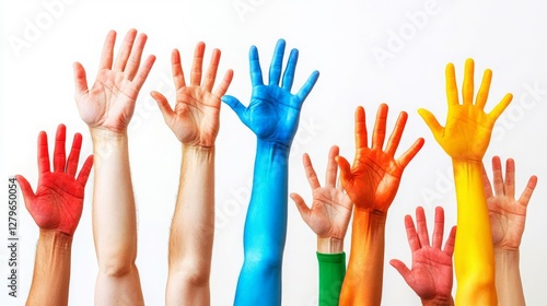 International Volunteer Day Colorful hands raised in joyful celebration.