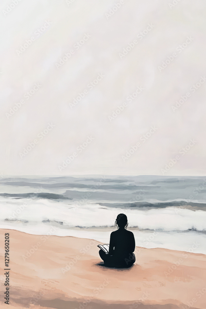 A calming, minimalist digital painting of a person sitting cross legged on a quiet beach, waves softly touching the shore, a journal open in their lap, symbolizing mindfulness, self care, and A calming, minimalist digital painting of a person sitting cross legged on a quiet beach, waves softly touching the shore, a journal open in their lap, symbolizing mindfulness, self care, and