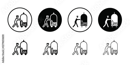 Bellboy with luggage cart icon Thin line flat illustration