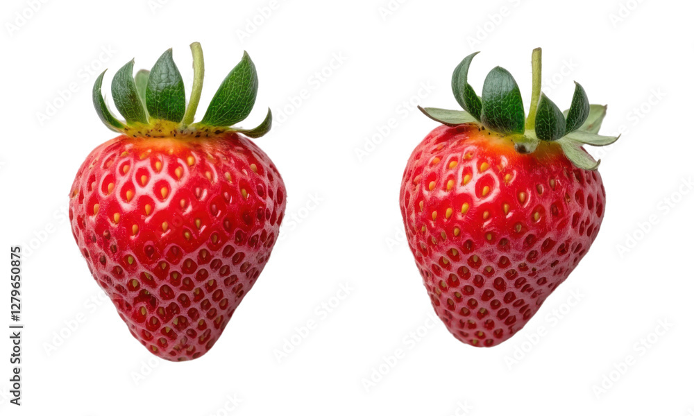 Two ripe strawberries with vibrant red color and green leaves, isolated Two ripe strawberries with vibrant red color and green leaves, isolated