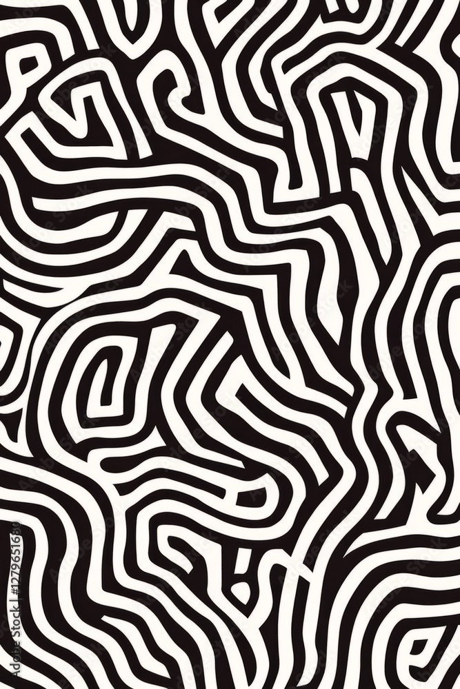 A minimalistic black and white abstract illustration with interwoven, curving lines creating an intricate maze like pattern. The high contrast and clean composition make it a timeless and stylish A minimalistic black and white abstract illustration with interwoven, curving lines creating an intricate maze like pattern. The high contrast and clean composition make it a timeless and stylish