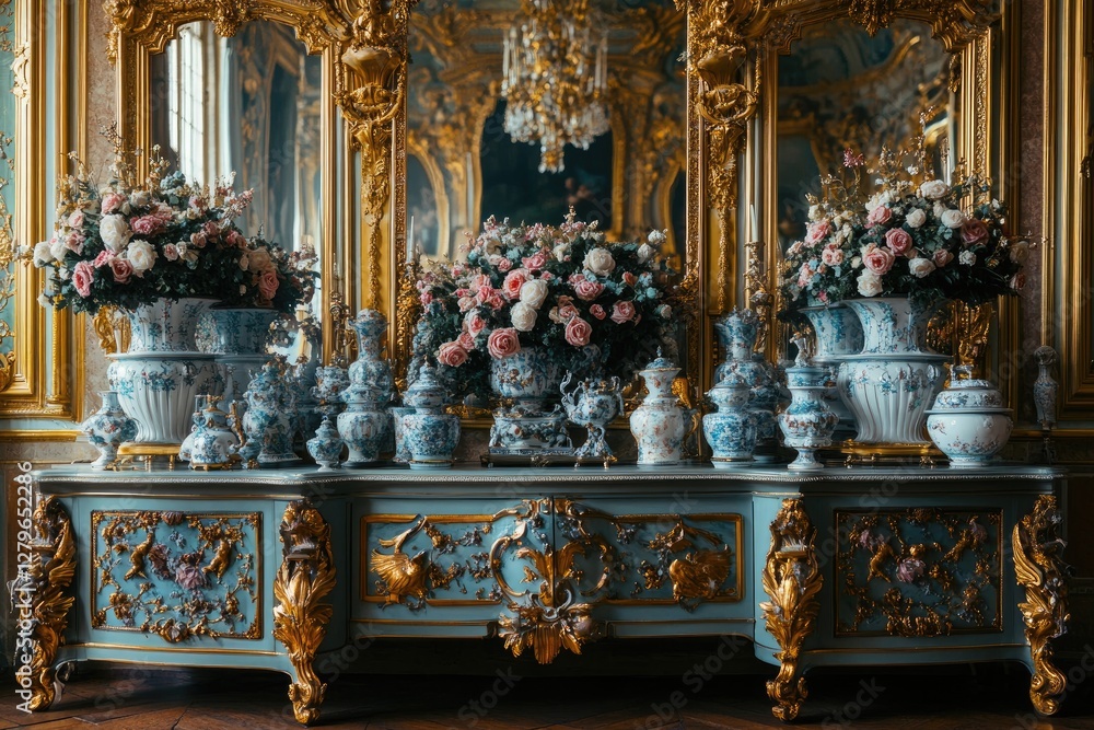 Fototapeta premium A Rococo Revival - style buffet with porcelain figurines, floral arrangements, and gold - trimmed mirrors