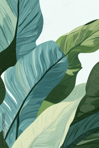 Wallpaper Mural A peaceful, minimalistic illustration of large green leaves in soft tones of blue and green, gently overlapping each other, creating a calming, organic texture. Torontodigital.ca