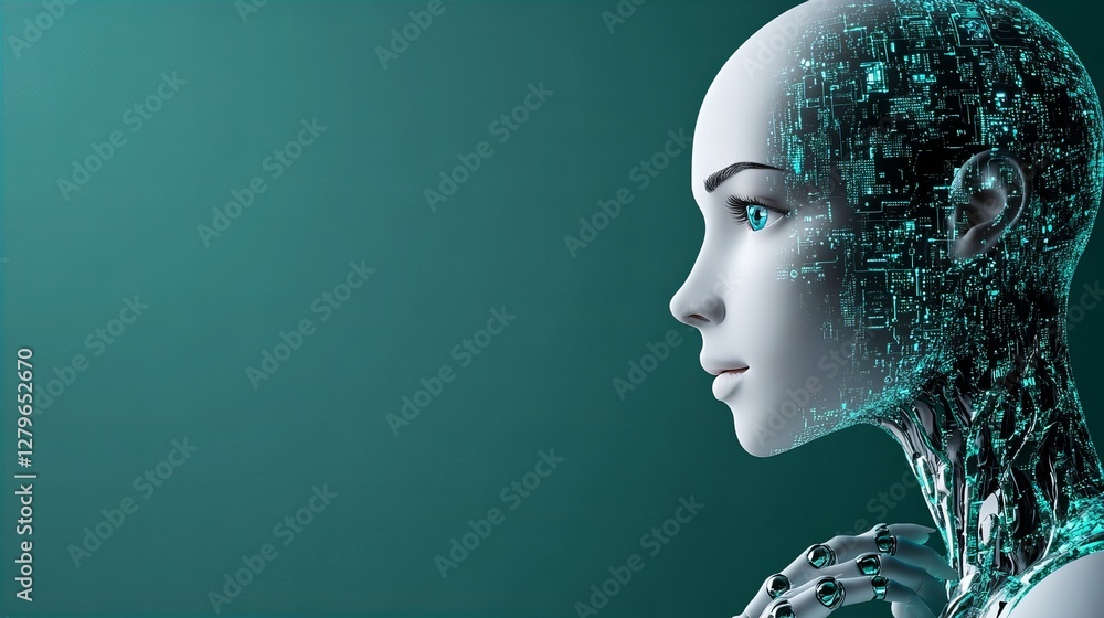 Female android profile against teal background. Futuristic AI concept. Female android profile against teal background. Futuristic AI concept.