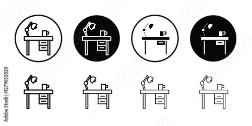Desk with lamp icon Thin line flat illustration