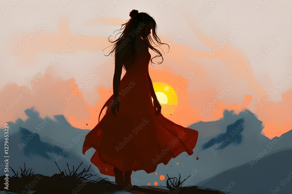 custom made wallpaper toronto digitalGraceful Woman in Flowing Red Dress Dancing at Sunset Against Scenic Hills