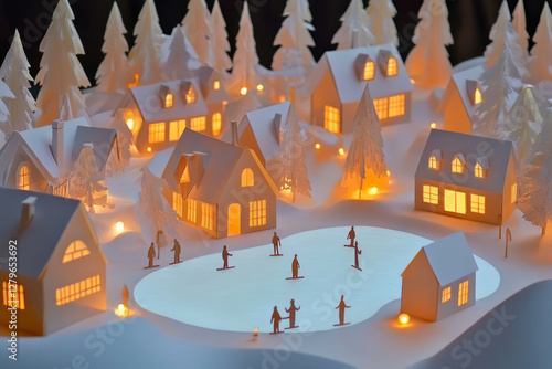 Wallpaper Mural A winter village crafted from paper, with tiny houses and an ice skating rink lit by warm glowing lanterns. Torontodigital.ca