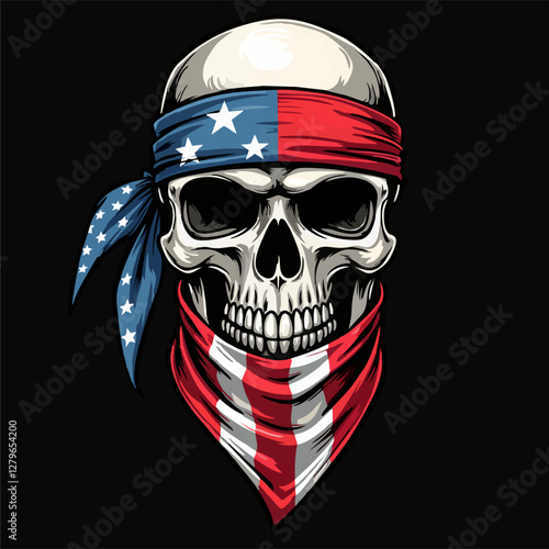 Biker vector t-shirt design with human skull
with usa flag bandana on black background.
Fashionable print for fabric, paper, men clothing,
hoodie, jacket. T shirt template in american style.