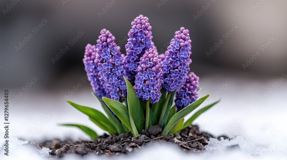 Fototapeta premium Purple hyacinths blooming in snow, spring garden