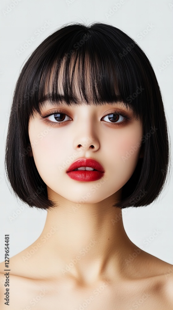 Close-up portrait of a young Asian woman with a bob haircut and bangs, wearing red lipstick. Clean, minimalist aesthetic. Close-up portrait of a young Asian woman with a bob haircut and bangs, wearing red lipstick. Clean, minimalist aesthetic.