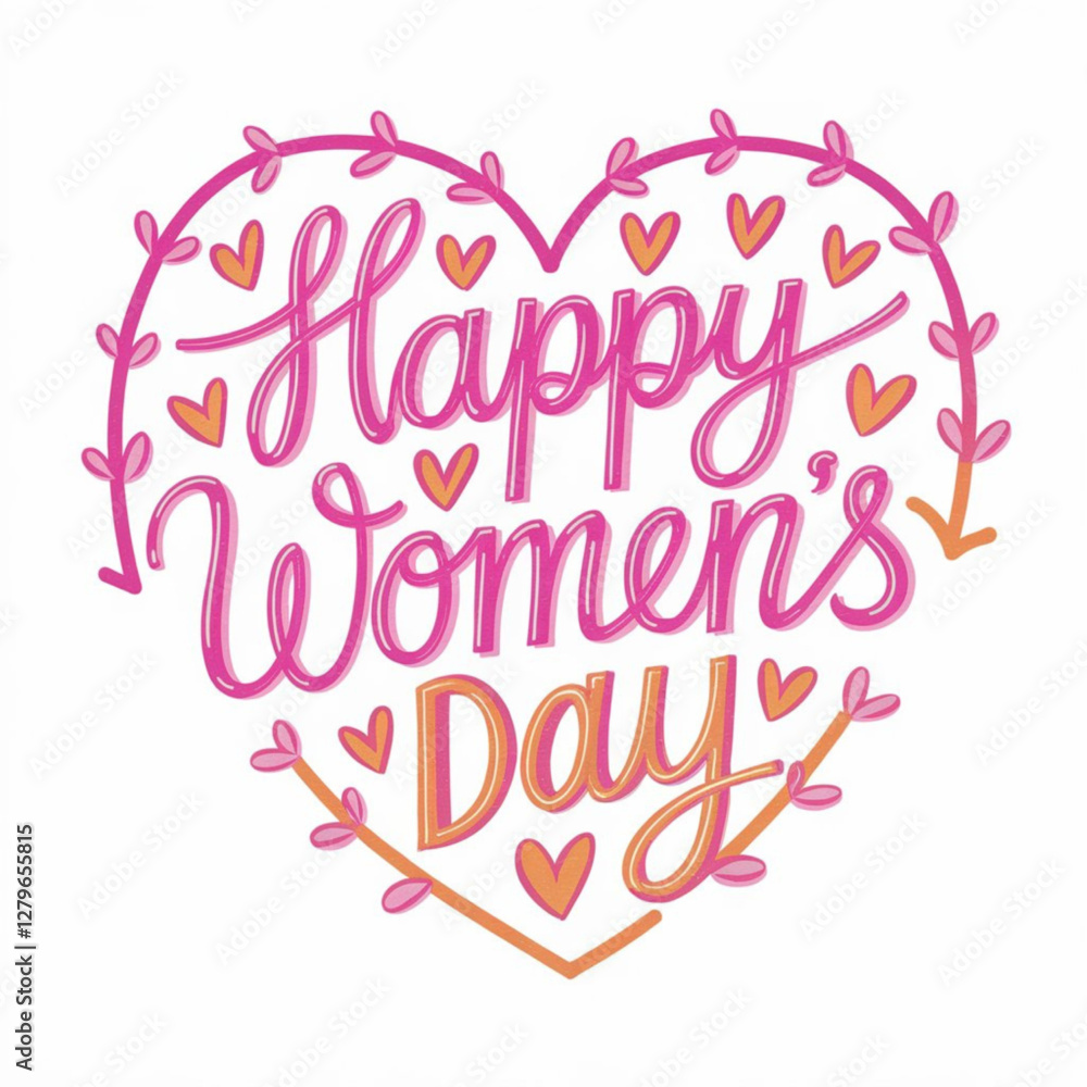Obraz premium Happy Women's Day. Hand lettering on the background framework of hearts. Vector greeting inscription with the International Women's Day. vector illustration isolated on white background.