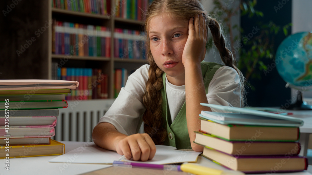 Unhealthy tired bored Caucasian little girl child kid schoolgirl school pupil learner student holding head suffering headache education burnout overload books homework boring lesson indoors classroom Unhealthy tired bored Caucasian little girl child kid schoolgirl school pupil learner student holding head suffering headache education burnout overload books homework boring lesson indoors classroom