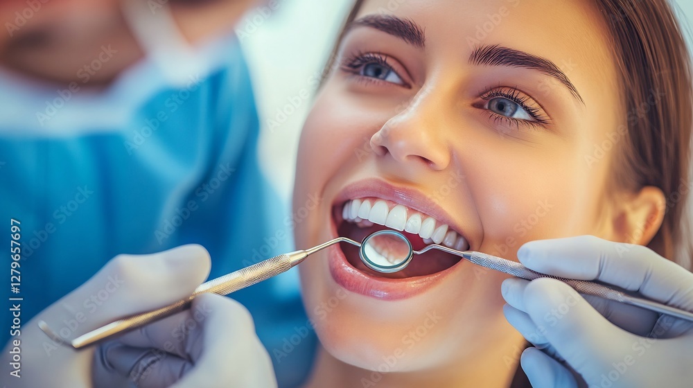 Dentist performing routine dental check top view modern clean clinic tools in focus blue background Dentist performing routine dental check top view modern clean clinic tools in focus blue background