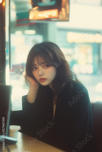Free Download Polaroid Photo of Student Studying on Laptop in Cafe, Portrait of Beautiful Young Business Asian Woman Sitting at Table with Laptop, Warm Tones, Highlights, and Grunge Style - GFXLoad