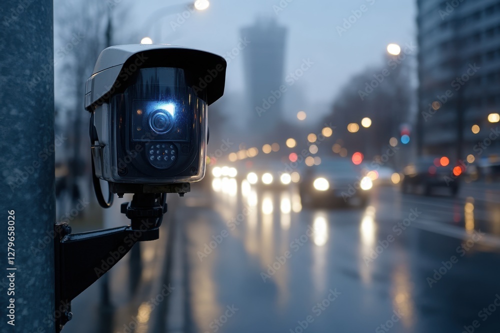 An advanced surveillance camera aimed at a bustling street scene, exemplifying the intersection of technology and daily life in a modern urban environment. An advanced surveillance camera aimed at a bustling street scene, exemplifying the intersection of technology and daily life in a modern urban environment.