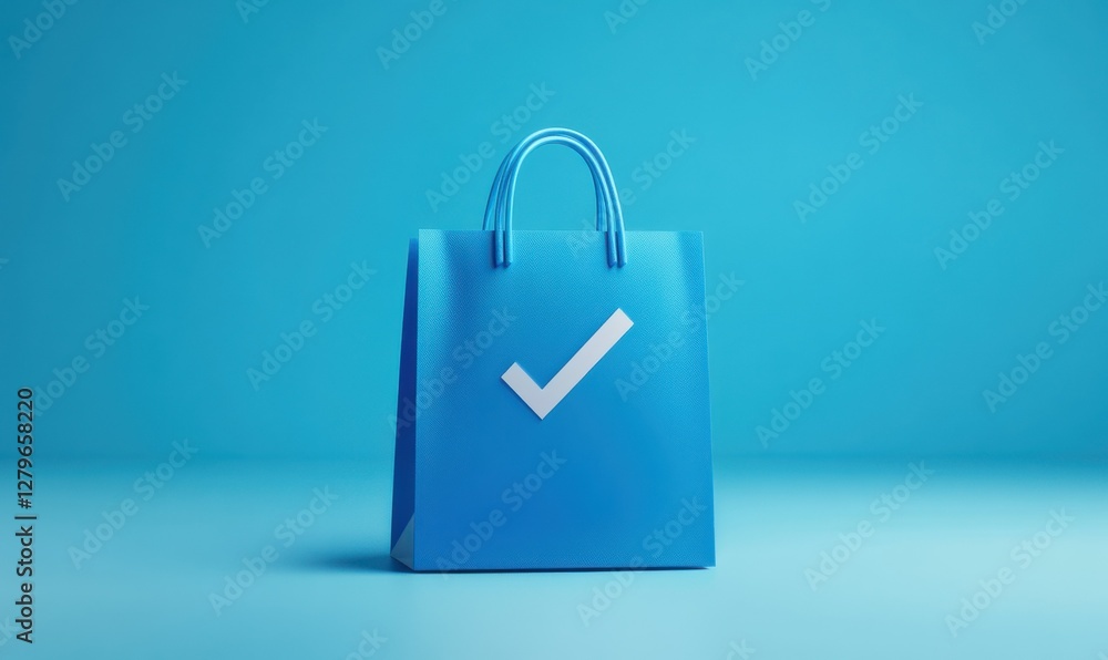 Clean, sleek blue shopping bag with a check mark symbolizing completed tasks or positive shopping experiences. Clean, sleek blue shopping bag with a check mark symbolizing completed tasks or positive shopping experiences.