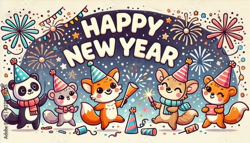 Cute Cartoon Happy New Year Celebration with Fireworks