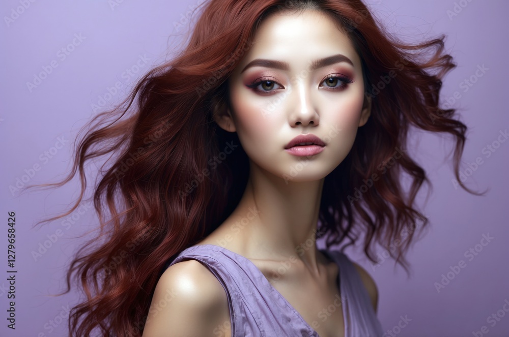 Naklejka premium Beautiful confident photo model showcases vibrant makeup against a pastel color background in a studio setting, people and skincare, fashion theme concept. 