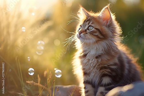 Curious kitten observing soap bubbles in golden sunlit field. Adorable fluffy cat exploring nature. Pet photography, animal portrait in warm summer light.