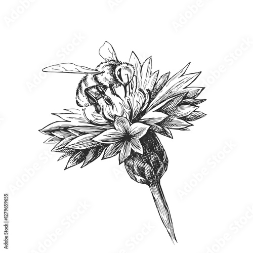 Vector hand-drawn illustration of bee worker collect honey. Sketch of insect on flower. Beekeeping.