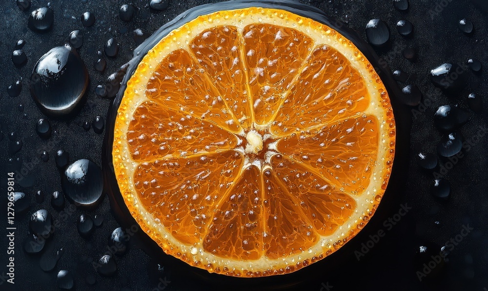 Close-up of a fresh orange slice with tiny droplets glistening under natural light, creating a vibrant and refreshing visual Close-up of a fresh orange slice with tiny droplets glistening under natural light, creating a vibrant and refreshing visual